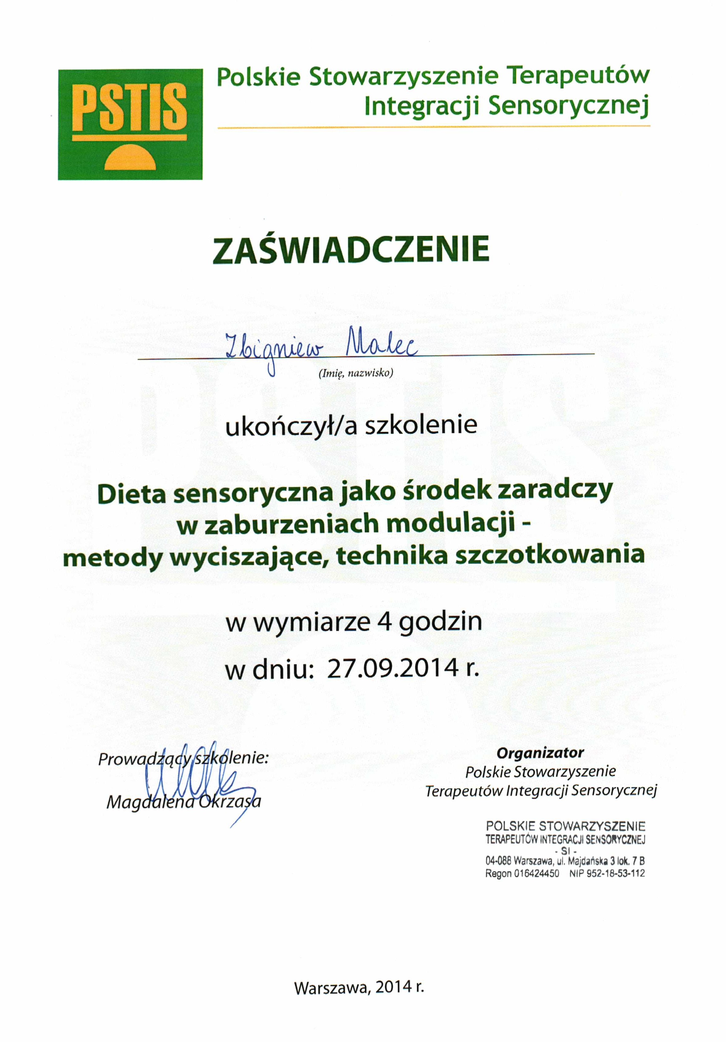 Certyfikat Dieta Sensoryczna - Zbigniew Malec