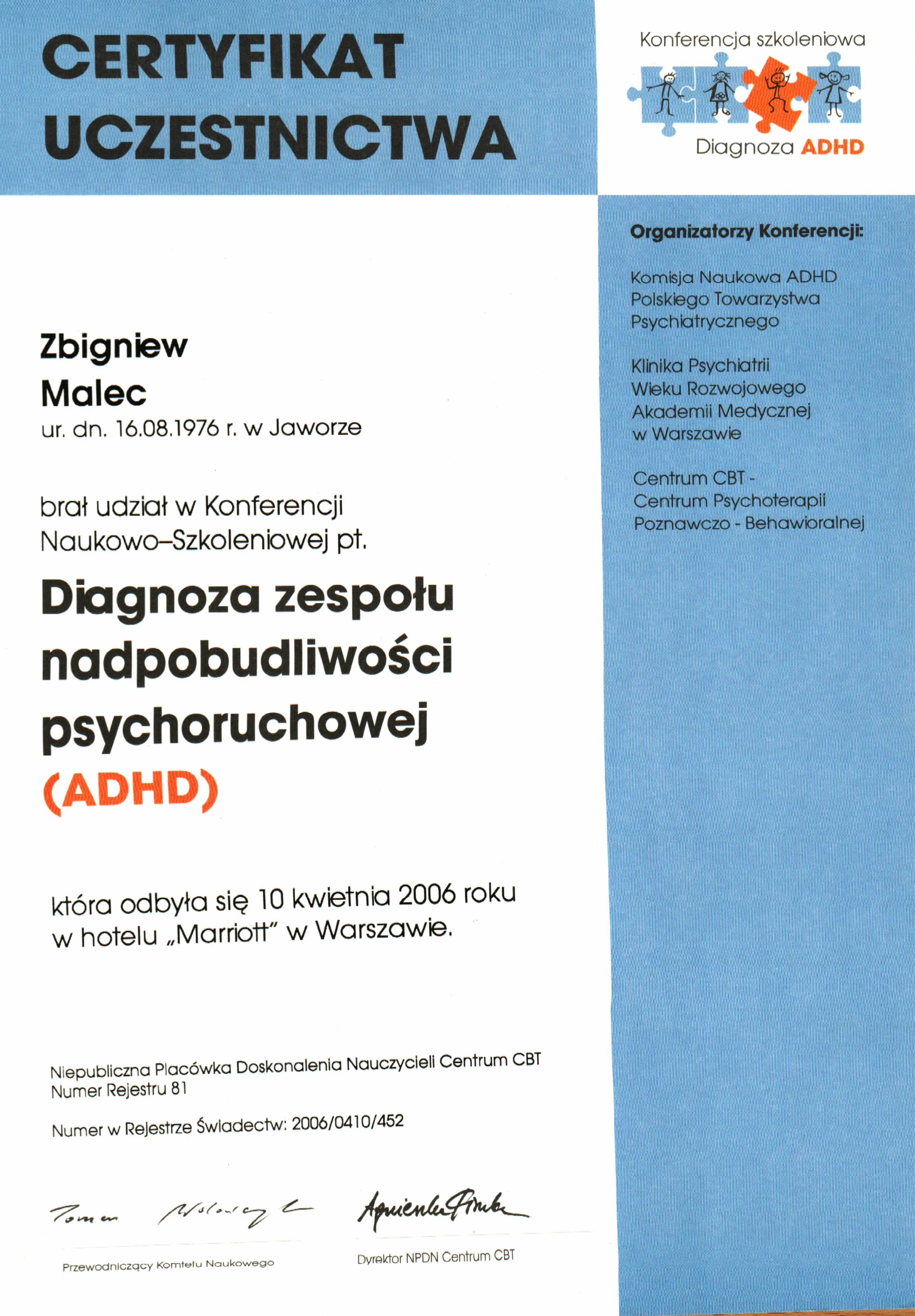 Certyfikat Udział w konferencjach - Zbigniew Malec