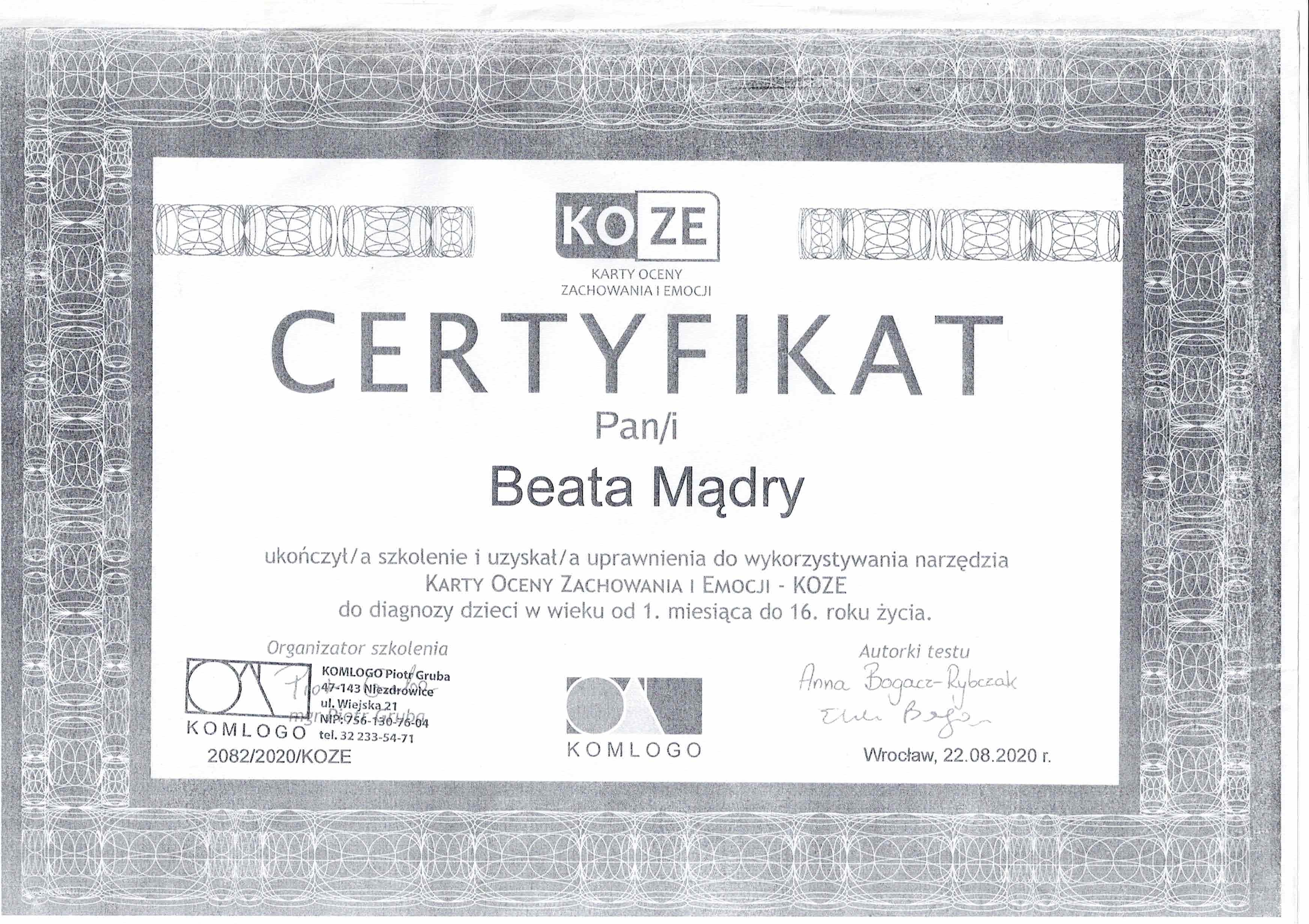 Certyfikat KOZE - Beata Mądry