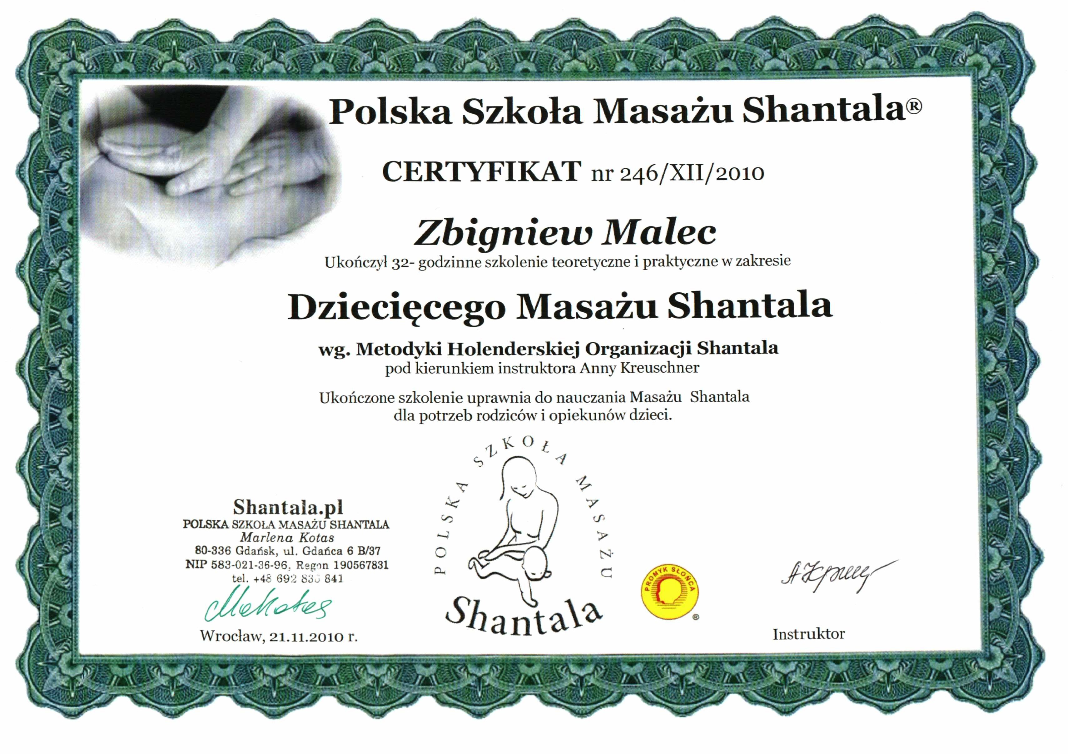 Certyfikat Masaż Shantala - Zbigniew Malec