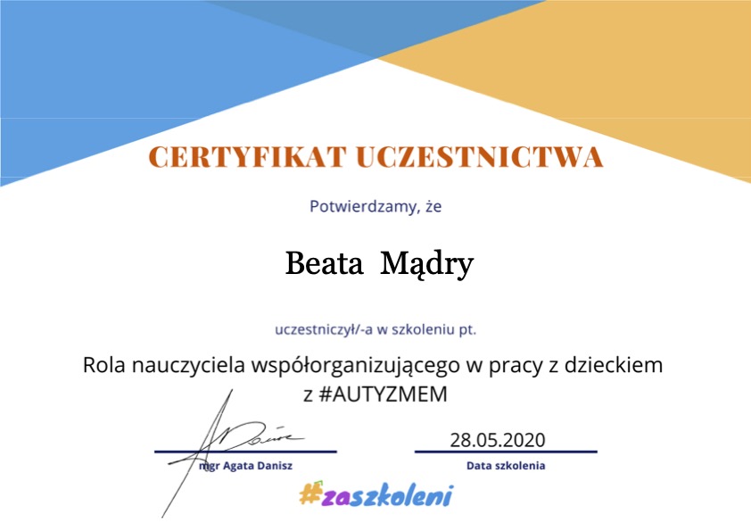 Certyfikat Nauczyciel Współorganizujący - Beata Mądry